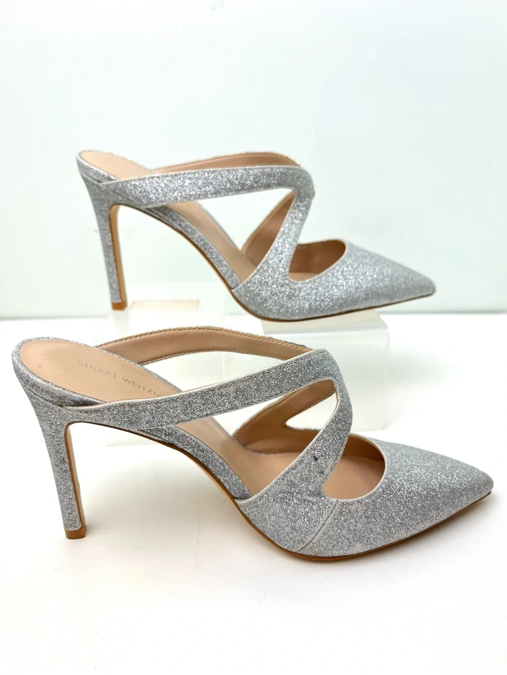 Stuart Weitzman Silver Glitter Crossover Pointed Toe Holiday High Heel Mule